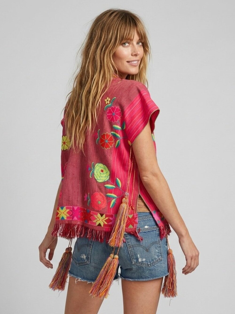 Boho Embroidered Colorful Floral Fringe Guatemalan Mexican Cotton Tie Blouse